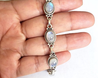 Natural Rainbow Moonstone Oval shape Bracelet, 925 Sterling Silver, Moonstone, Adjustable, Handmade Bracelet (BR-4)