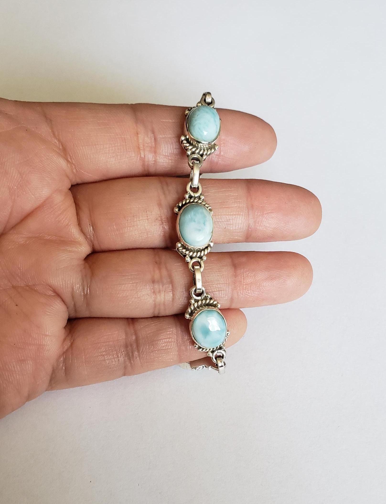 Natural Larimar 925 Sterling Silver Bracelet, Larimar Bracelet