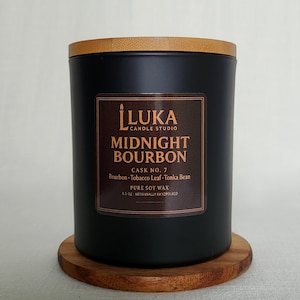 Midnight Bourbon Candle: Luxury Soy Wax – Bourbon, Tobacco Leaf, Tonka Bean – 8.5 oz
