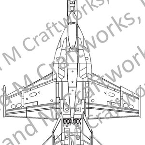 May include: A black and white line drawing of a fighter jet viewed from above. The jet has a long, pointed nose, swept wings, and a single tail fin. The drawing is detailed and includes the jet's cockpit, engine, and landing gear.