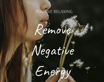 Könnte beinhalten: Bild mit dem Text "POSITIVE RELAXING" oben und "Remove Negative Energy" in der Mitte. Eine Person pustet auf einen Löwenzahn, dessen Samen davonfliegen. Der Hintergrund ist dunkel und unscharf.