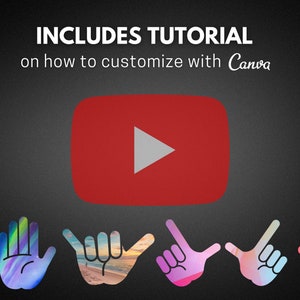 Pu&ograve; includere: Una grafica con il testo "INCLUDES TUTORIAL on how to customize with Canva" e un pulsante di riproduzione di YouTube. Sotto il testo ci sono sette gesti delle mani colorati con diversi sfondi.