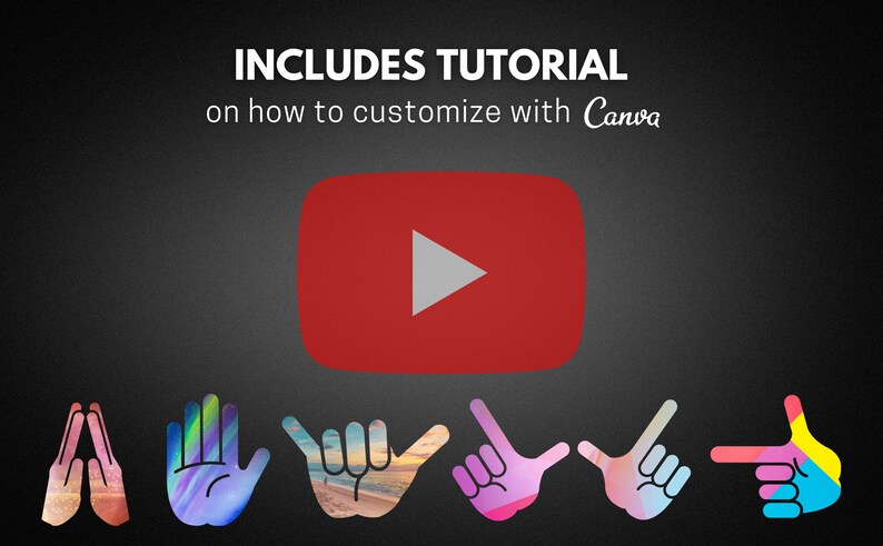 Pu&ograve; includere: Una grafica con il testo "INCLUDES TUTORIAL on how to customize with Canva" e un pulsante di riproduzione di YouTube. Sotto il testo ci sono sette gesti delle mani colorati con diversi sfondi.