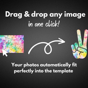 Pu&ograve; includere: Una grafica che mostra un'immagine con un motivo tie-dye che viene trascinata e rilasciata in un modello. Il testo recita "Trascina e rilascia qualsiasi immagine in un clic!" e "Le tue foto si adattano automaticamente perfettamente al modello". Il logo Canva &egrave; nell'angolo in basso a destra.