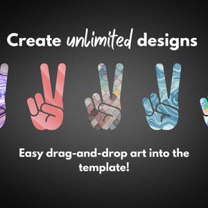 Pu&ograve; includere: Cinque gesti della mano con il segno della pace con diversi motivi colorati. I motivi includono viola e bianco, rosa, blu e bianco, blu e bianco e giallo, blu e verde. Il testo "Crea design illimitati" e "Trascina e rilascia facilmente l'arte nel modello!" &egrave; sopra le mani. Il testo "Canva" &egrave; sotto le mani in un cerchio blu.