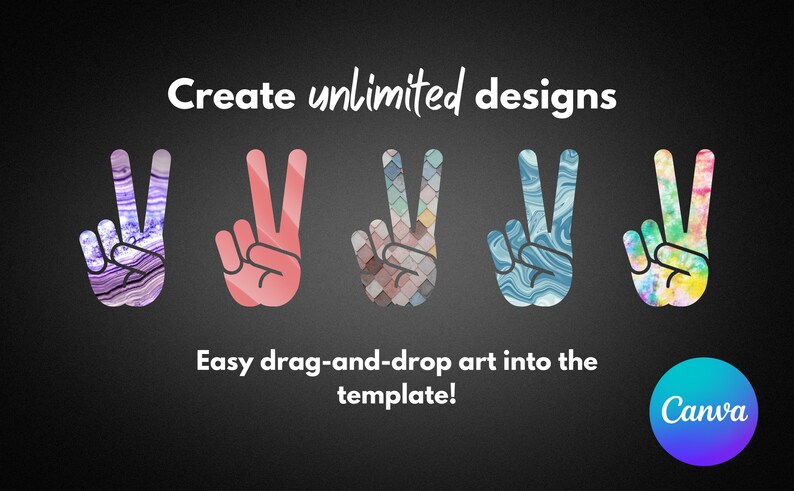 Pu&ograve; includere: Cinque gesti della mano con il segno della pace con diversi motivi colorati. I motivi includono viola e bianco, rosa, blu e bianco, blu e bianco e giallo, blu e verde. Il testo "Crea design illimitati" e "Trascina e rilascia facilmente l'arte nel modello!" &egrave; sopra le mani. Il testo "Canva" &egrave; sotto le mani in un cerchio blu.