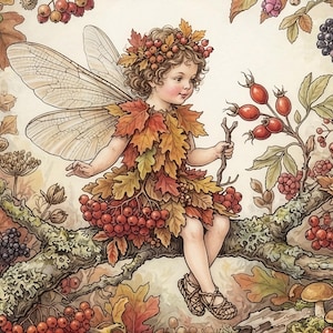 Könnte beinhalten: Eine Feen-Illustration mit einer Figur mit durchscheinenden Flügeln, die ein Kleid und einen Kranz aus herbstlichen Eichenblättern und roten Beeren trägt. Die Figur sitzt auf einem moosigen Ast, umgeben von roten und schwarzen Beeren und Pilzen.