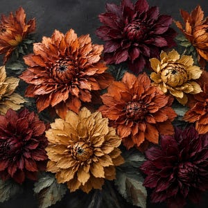 May include: A floral arrangement featuring multiple dahlia flowers in shades of deep burgundy, burnt orange, and golden yellow. The petals have a textured, layered appearance, and the flowers are set against a dark, neutral background.