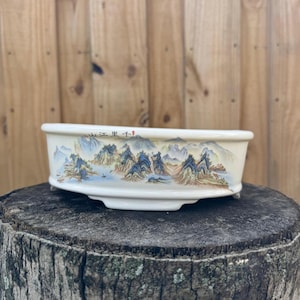 May include: A white ceramic bonsai pot with a landscape painting. The pot has a rectangular shape with rounded corners. The painting depicts mountains and trees in shades of blue, green, and brown. Text is visible on the pot.