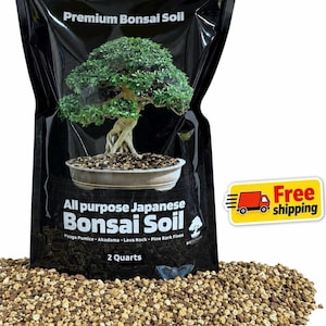 May include: A black plastic bag of Premium Bonsai Soil containing 2 quarts. The bag features a graphic of a green bonsai tree in a pot and text listing ingredients: Hyuga Pumice, Akadama, Lava Rock, and Pine Bark Fines. Loose soil is visible.