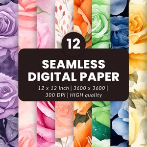 Op de afbeelding: Twaalf naadloze digitale papierpatronen met aquarelrozen in verschillende kleuren, waaronder rood, roze, paars, oranje, groen, blauw en wit. De patronen zijn 30,48 cm x 30,48 cm en 300 DPI.