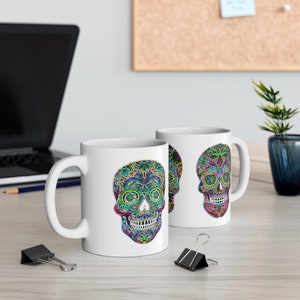 11oz Neon Día de los Muertos Inspired Artistic Ceramic Mug| Tea Cup | Day of the Dead | Skeleton | Skull | Mexican Folk Art | Folk Art