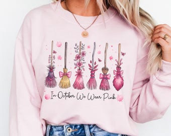 In October We Wear Pink Sweatshirt,Breast Cancer Awareness Shirt,Cancer Survivor Sweatshirt, Support Squad Cancer Shirt,Halloween Pink Shirt