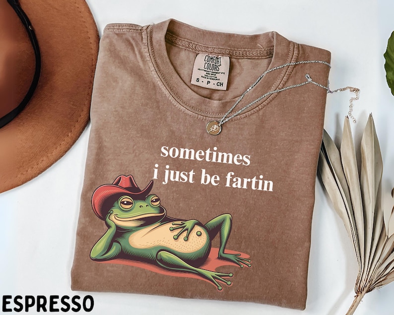 May include: An espresso-colored t-shirt featuring a graphic of a green frog wearing a red cowboy hat and reclining. The text "sometimes i just be fartin" is printed in white above the frog. The shirt has a Comfort Colors brand neck label.