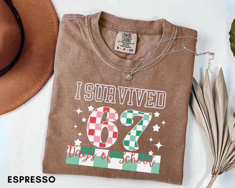 May include: Espresso-colored t-shirt with the text "I Survived 67 Days of School." The number "67" is designed with a checkered pattern in red, pink, and green. The shirt has a crew neck and short sleeves. A silver necklace with a pendant is on the shirt.