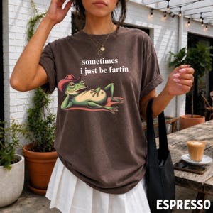 May include: A dark brown short-sleeve t-shirt featuring a graphic of a green frog wearing a red cowboy hat while lying down. The text "sometimes i just be fartin" is printed in white above the frog illustration. The shirt has a crew neckline.