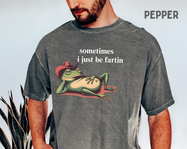 May include: A charcoal gray short-sleeve t-shirt featuring a graphic of a green frog wearing a red cowboy hat, reclining on its side. The text above the frog reads, sometimes i just be fartin. The shirt has a washed, vintage-style texture.