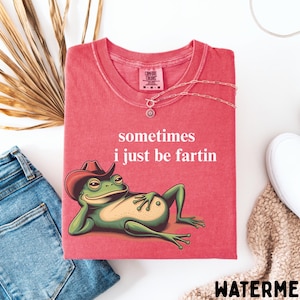 May include: A watermelon-colored t-shirt featuring a graphic of a green frog wearing a brown cowboy hat, reclining while resting its head on one hand. The text "sometimes i just be fartin" is printed in white above the frog illustration.