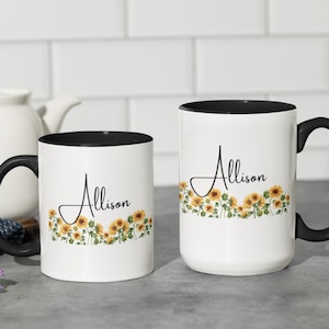 Taza de café floral personalizada, taza con nombre personalizado, regalo para amantes del café, regalo de cumpleaños, taza de café de girasol, regalo del día de la madre, taza para ella