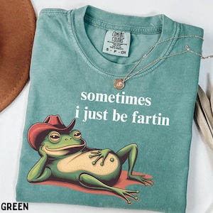 May include: A light green t-shirt featuring a graphic of a green frog wearing a red cowboy hat and reclining. The text "sometimes i just be fartin" is printed in white above the frog. The shirt has a Comfort Colors brand label at the neck.