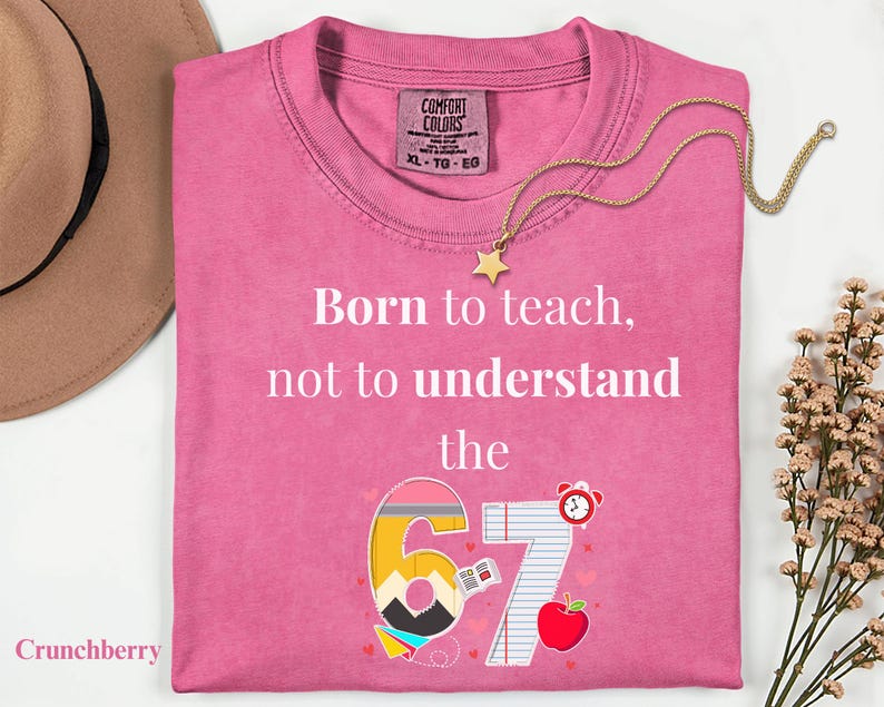 May include: A pink Comfort Colors t-shirt with the text "Born to teach, not to understand the 67." The design includes a pencil, notebook paper, an apple, and a clock. A gold star necklace is draped across the shirt.
