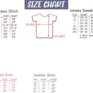 May include: Size chart for unisex shirts, sweatshirts, youth shirts, and toddler shirts. Measurements are in inches for width and length. Includes sizes S, M, L, XL, 2XL, 3XL, and 4XL for some styles.