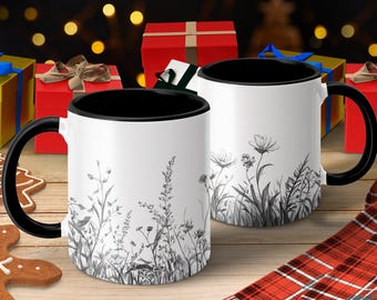 Afdrukbare zwart-wit weide wilde bloemen keramische mok - minimalistische botanische illustratie, neutraal boerderijdecor, rustieke natuur