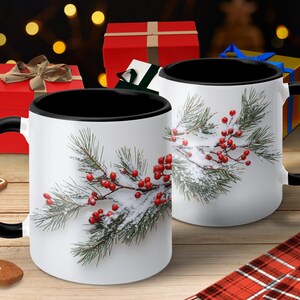 Besneeuwde omslagontwerpmok, mok wintergroen en bessen, keramisch koffiekopje, 11 en 15 oz afbeelding 1