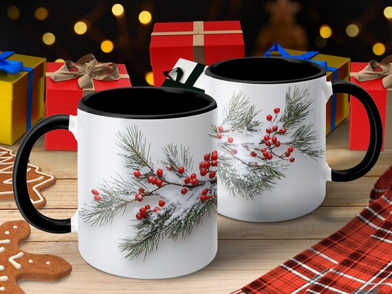 Snowy Wrap Design Mug, Winter Evergreen and Berries Mug, Ceramic Coffee Cup, 11oz & 15oz