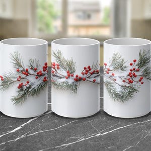 Besneeuwde omslagontwerpmok, mok wintergroen en bessen, keramisch koffiekopje, 11 en 15 oz afbeelding 10