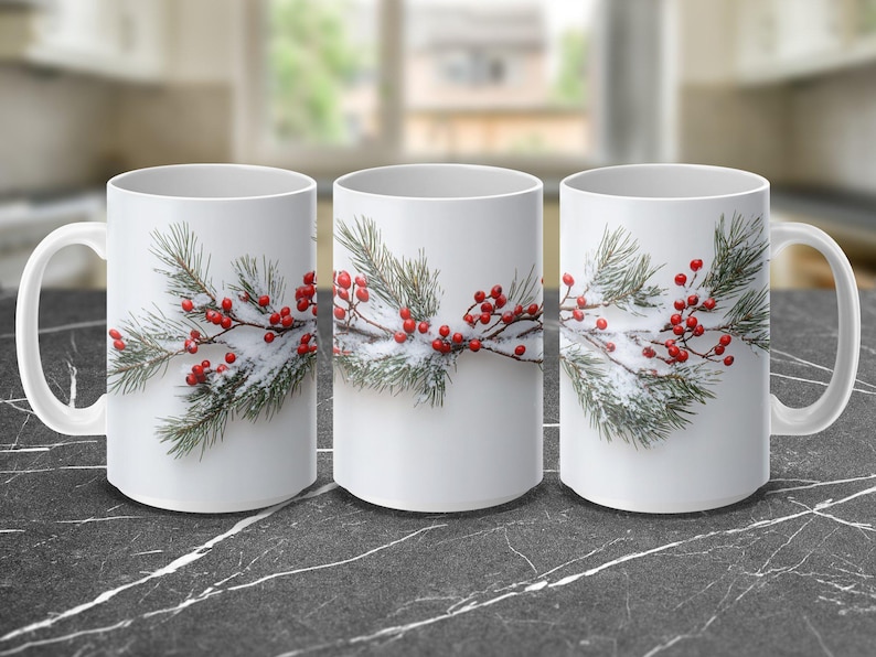 Besneeuwde omslagontwerpmok, mok wintergroen en bessen, keramisch koffiekopje, 11 en 15 oz afbeelding 10