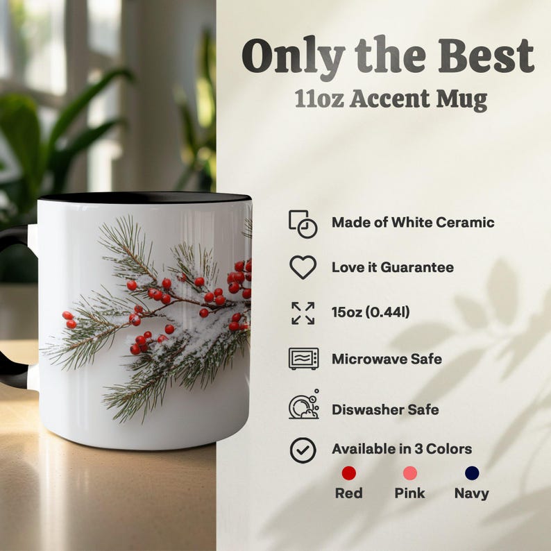 Besneeuwde omslagontwerpmok, mok wintergroen en bessen, keramisch koffiekopje, 11 en 15 oz afbeelding 7