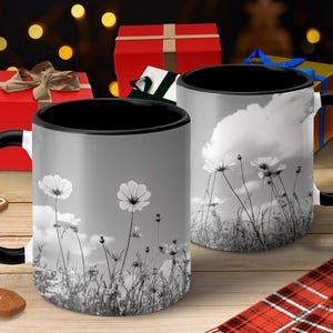 Nature Inspired Coffee Mug, Black and White Flower Mug, Floral Mug with Wildflowers, Unique Gift for Flower Lovers, Ceramic Mug