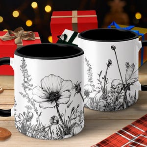 Black and white flower design, Floral coffee mug, Botanical tea cup, Artistic floral print, Wildflower sketch mug, Unique gift idea