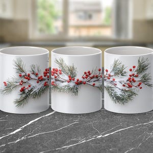 Besneeuwde omslagontwerpmok, mok wintergroen en bessen, keramisch koffiekopje, 11 en 15 oz afbeelding 9