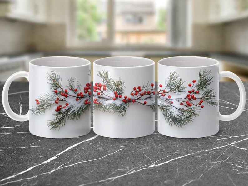 Besneeuwde omslagontwerpmok, mok wintergroen en bessen, keramisch koffiekopje, 11 en 15 oz afbeelding 9