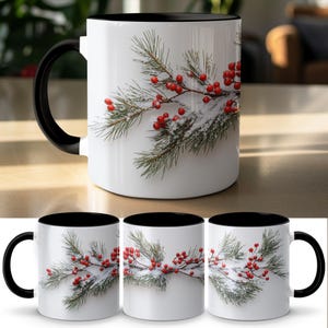 Besneeuwde omslagontwerpmok, mok wintergroen en bessen, keramisch koffiekopje, 11 en 15 oz afbeelding 2