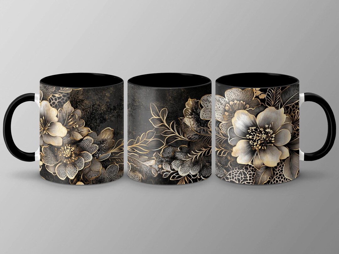 Black and Gold Floral Ceramic Mug, Elegant Coffee Cup - Etsy
