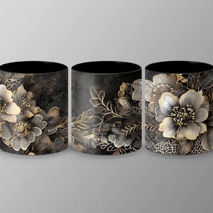 11oz & 15oz Ceramic Mug, Black and Gold Floral Mug, Elegant Coffee Cup, White or Accent Colors, Luxury Gift Idea