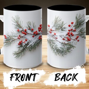 Besneeuwde omslagontwerpmok, mok wintergroen en bessen, keramisch koffiekopje, 11 en 15 oz afbeelding 5