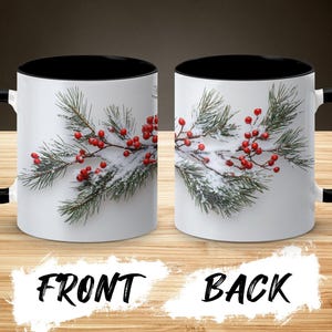 Besneeuwde omslagontwerpmok, mok wintergroen en bessen, keramisch koffiekopje, 11 en 15 oz afbeelding 4
