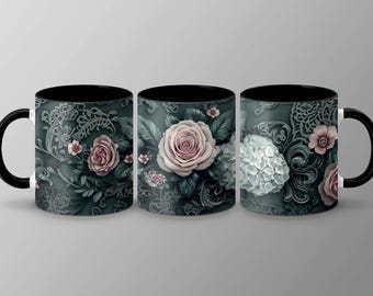 Donkergroene koffiemok met bloemenkant, keramische mok met romantische roos hortensia