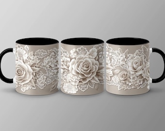Afdrukbare keramische mok vintage roos, elegante bloemenillustratie, shabby-chic decor, romantische digitale kunst, zachtbeige en crème ontwerp