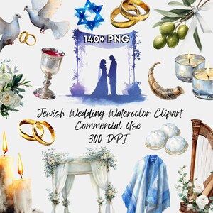 May include: Watercolor clipart set featuring Jewish wedding elements. Includes a silhouette of a couple under a chuppah, doves, wedding rings, candles, a Star of David, a shofar, and other traditional items. Text reads "140+ PNG" and "Jewish Wedding Watercolor Clipart Commercial Use 300 DPI."