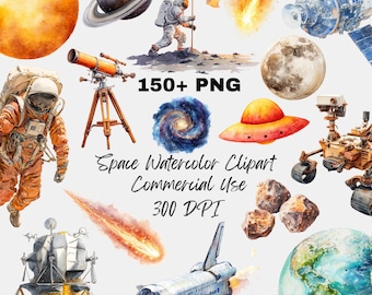 Space Watercolor Clipart Bundle | 150+ PNGs, Planets, Astronauts