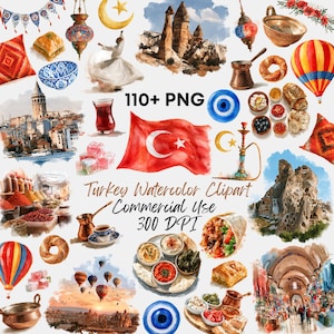 May include: A collection of watercolor illustrations featuring Turkish themes including the flag, hot air balloons, Cappadocia landscapes, a dervish, tea, coffee, food, and nazar amulets with text reading 110+ PNG Turkey Watercolor Clipart.