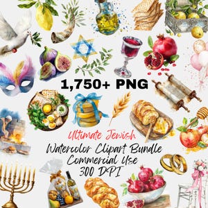 Puede incluir: Conjunto de imágenes prediseñadas de acuarela con símbolos y alimentos judíos. Incluye una Estrella de David, pan de jalá, granadas, vino y una menorá. El texto dice "1.750+ PNG" y "Ultimate Jewish Watercolor Clipart Bundle Commercial Use 300 DPI".