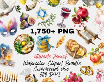 Ultimate Jewish Watercolor Clipart Bundle 1750+ PNG | Judaica, Shabbat, Hanukkah, Passover, Mitzvah, Wedding, Rosh Hashanah Art