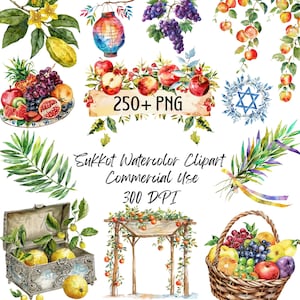 May include: Watercolor clipart set featuring various fruits, branches, and decorative elements. Includes apples, grapes, pomegranates, and a lantern. The text "250+ PNG" and "Sukkot Watercolor Clipart Commercial Use 300 DPI" are also visible.
