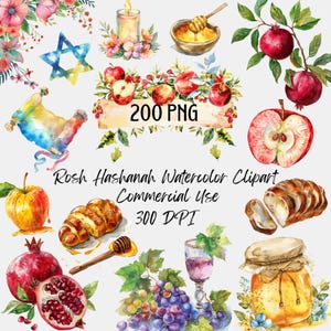 以下が含まれることがあります： ロシュ・ハシャナのシンボルが描かれた水彩画クリップアートセット。リンゴ、ザクロ、蜂蜜、ハッラーパン、ショファール、ダビデの星、ろうそくが含まれています。「200 PNG」と「Rosh Hashanah Watercolor Clipart Commercial Use 300 DPI」の文字も含まれています。